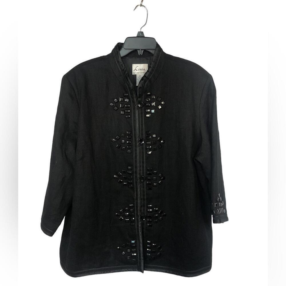 Linea Women’s Jacket Black Linen Satiny Trim Jewel Embellished Boxy 3/4 Sleeve